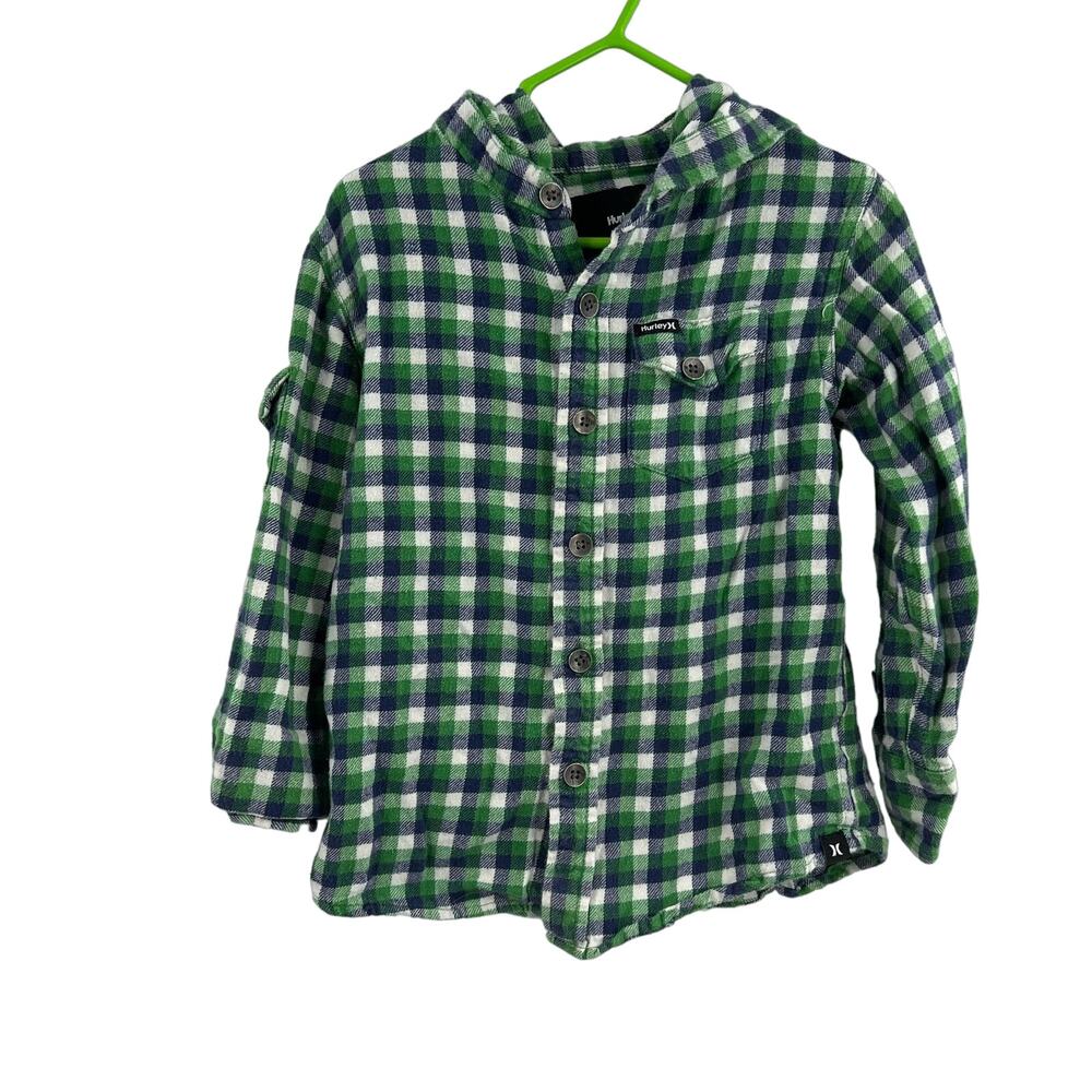 Hurley Green Plaid Button Down Hooded Shirt Size 4T‎